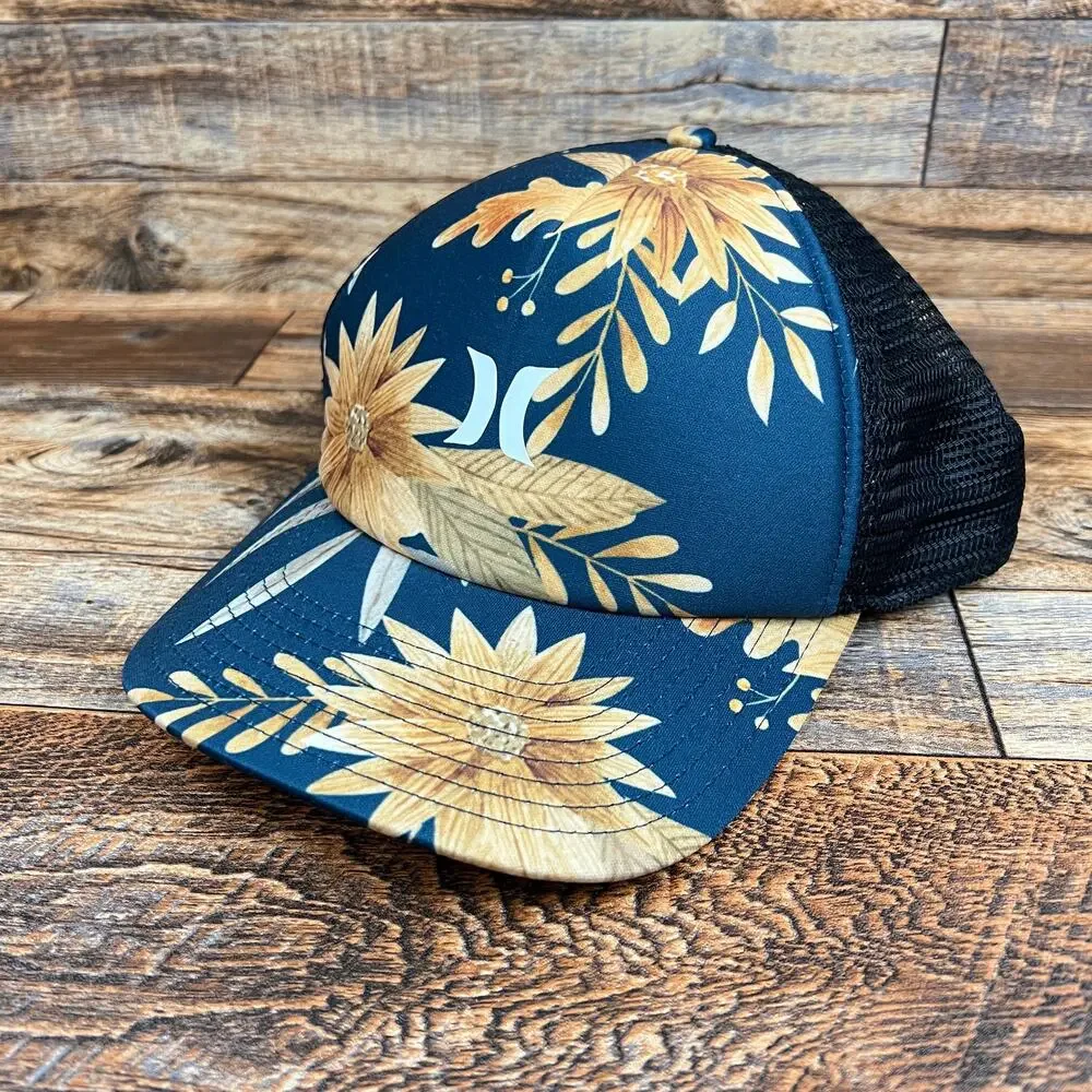 Hurley Floral Blue Yellow Women's Trucker Hat Snapback Mesh